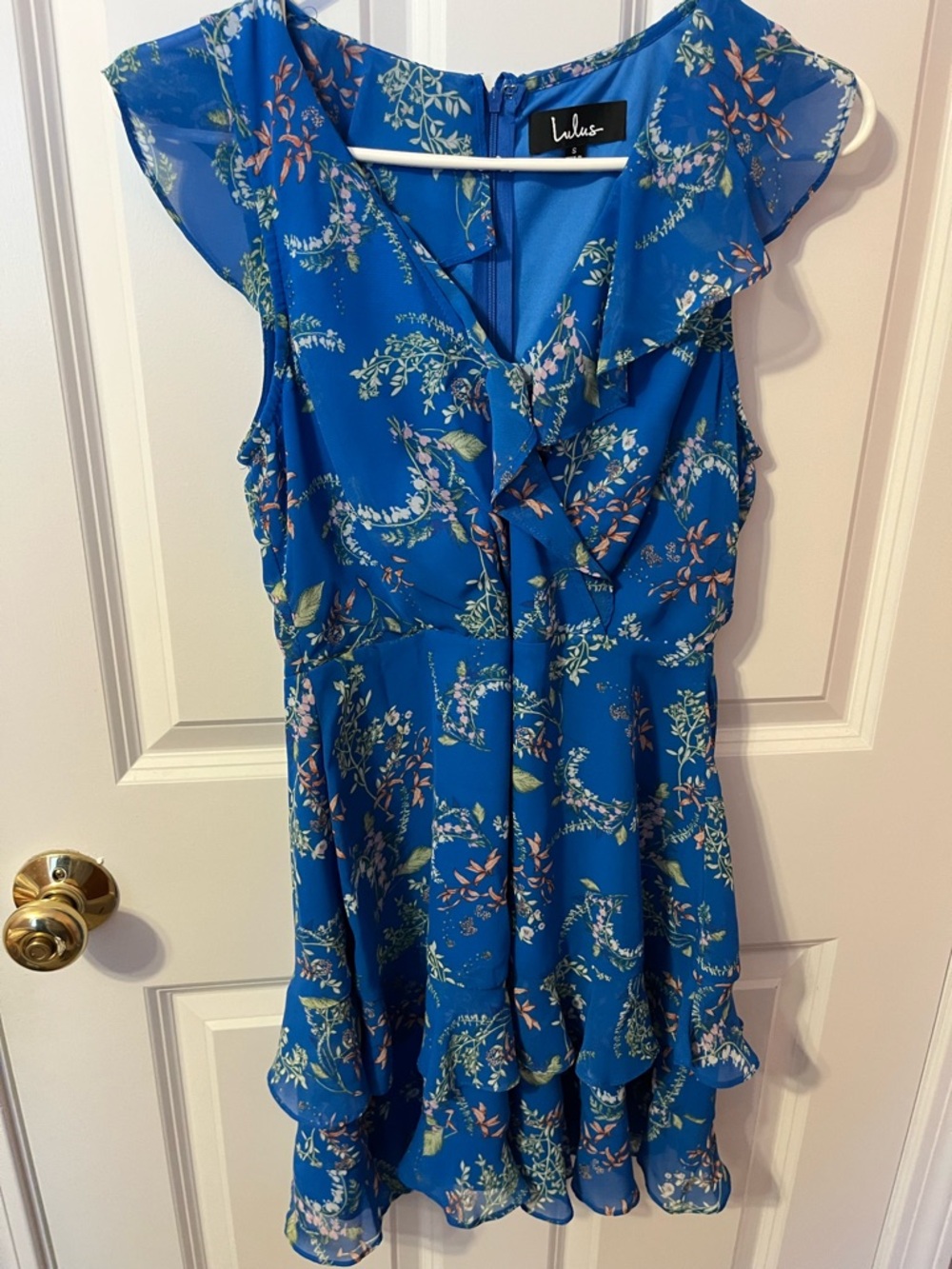 Lulu's Royal Blue Floral Ruffle Midi Dress